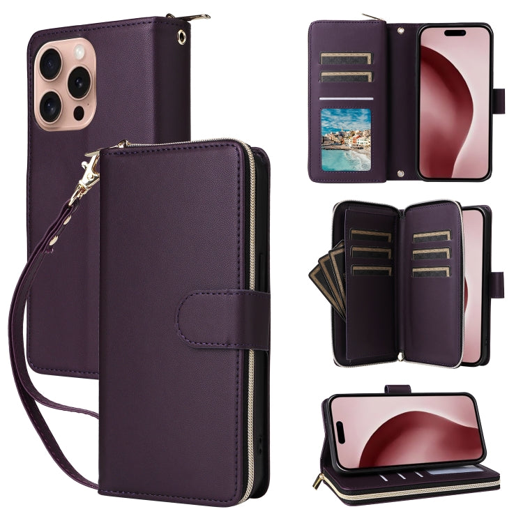 Nine-card Slots Zipper Wallet Bag Leather Phone Case, For iPhone Air, For iPhone 16e, For iPhone 16 Pro Max