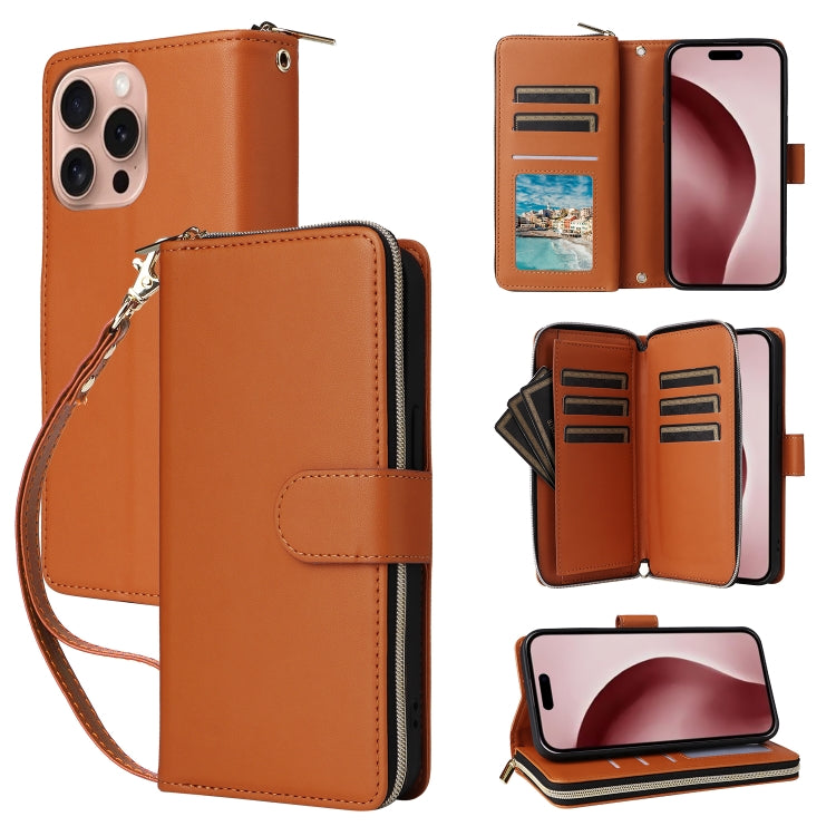Nine-card Slots Zipper Wallet Bag Leather Phone Case, For iPhone Air, For iPhone 16e, For iPhone 16 Pro Max
