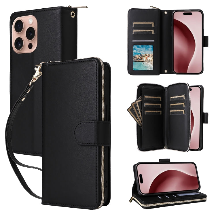 Nine-card Slots Zipper Wallet Bag Leather Phone Case, For iPhone Air, For iPhone 16e, For iPhone 16 Pro Max