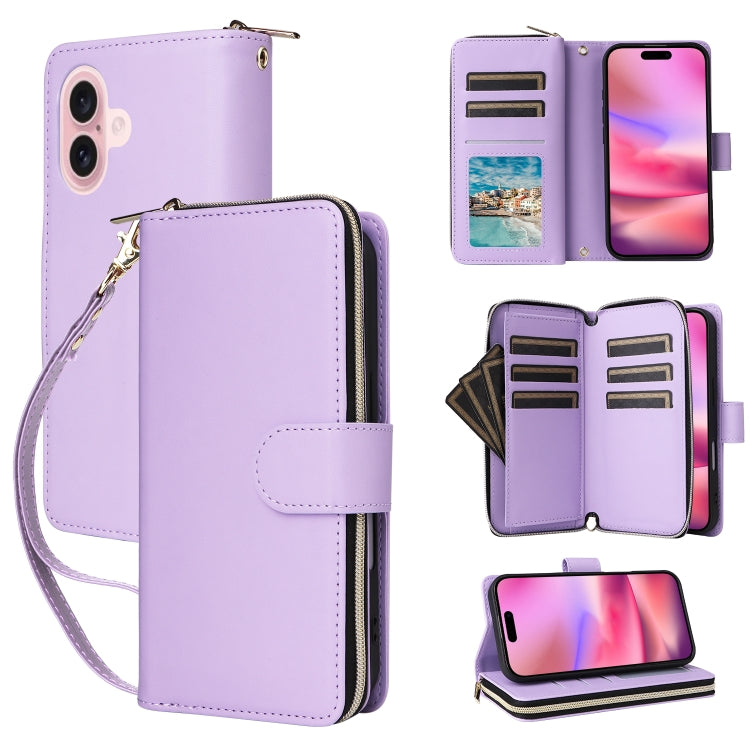 Nine-card Slots Zipper Wallet Bag Leather Phone Case, For iPhone 16 Pro, For iPhone 16 Plus, For iPhone 16