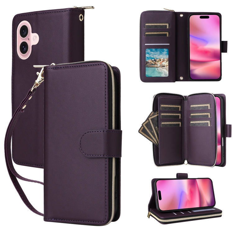 Nine-card Slots Zipper Wallet Bag Leather Phone Case, For iPhone 16 Pro, For iPhone 16 Plus, For iPhone 16