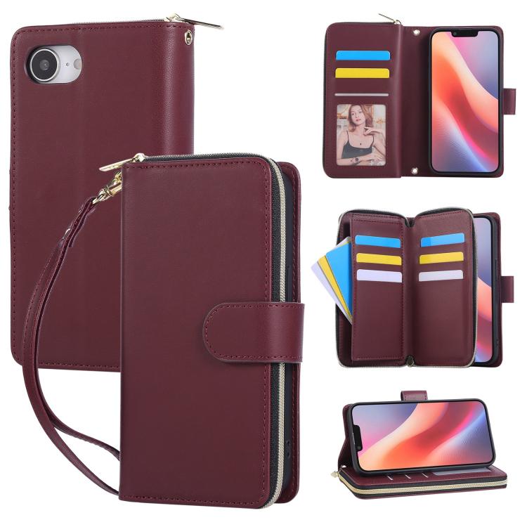 Nine-card Slots Zipper Wallet Bag Leather Phone Case, For iPhone Air, For iPhone 16e, For iPhone 16 Pro Max