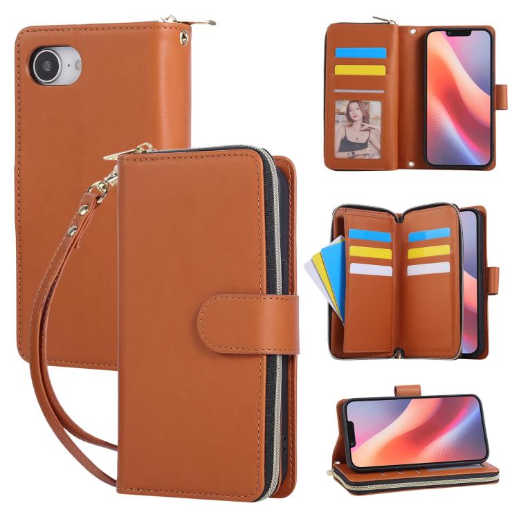 Nine-card Slots Zipper Wallet Bag Leather Phone Case, For iPhone Air, For iPhone 16e, For iPhone 16 Pro Max