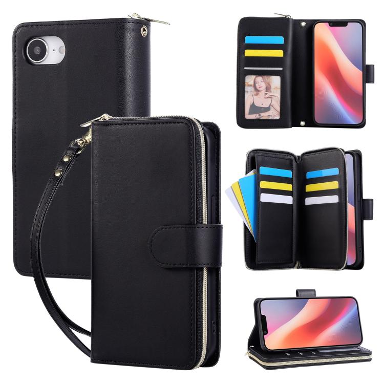 Nine-card Slots Zipper Wallet Bag Leather Phone Case, For iPhone Air, For iPhone 16e, For iPhone 16 Pro Max