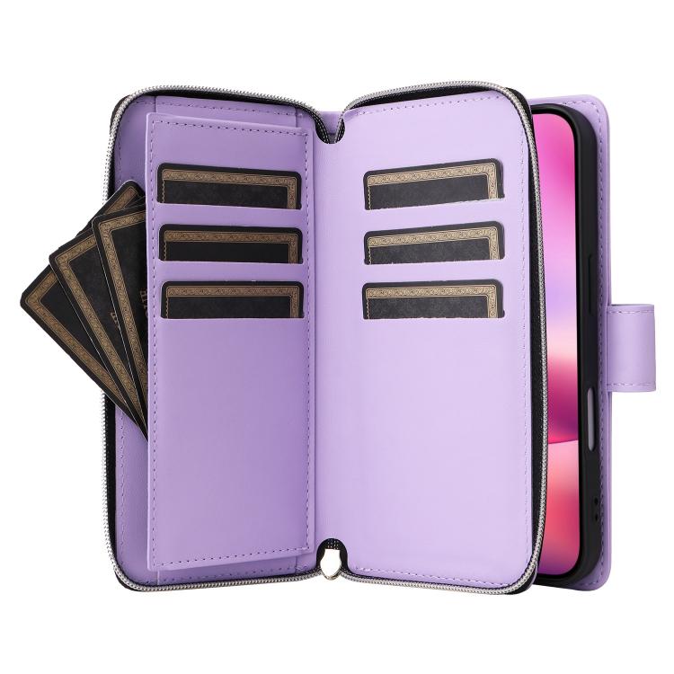 Nine-card Slots Zipper Wallet Bag Leather Phone Case, For iPhone Air, For iPhone 16e, For iPhone 16 Pro Max