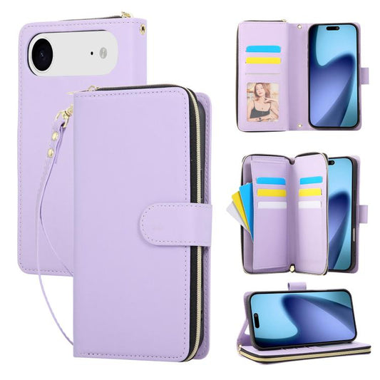 Nine-card Slots Zipper Wallet Bag Leather Phone Case, For iPhone Air, For iPhone 16e, For iPhone 16 Pro Max