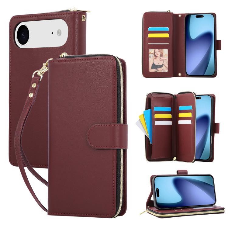 Nine-card Slots Zipper Wallet Bag Leather Phone Case, For iPhone Air, For iPhone 16e, For iPhone 16 Pro Max
