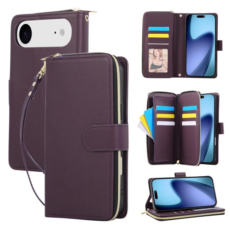 Nine-card Slots Zipper Wallet Bag Leather Phone Case, For iPhone Air, For iPhone 16e, For iPhone 16 Pro Max