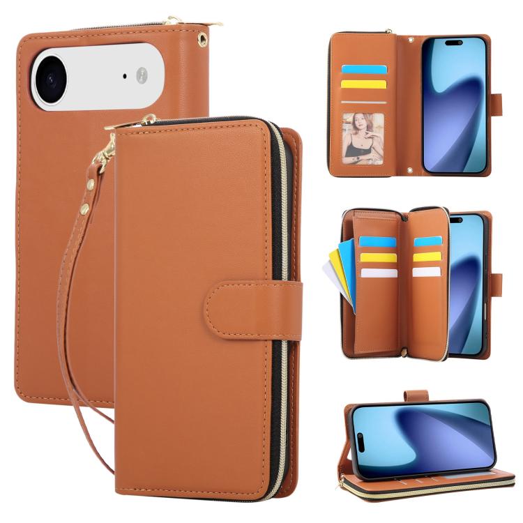 Nine-card Slots Zipper Wallet Bag Leather Phone Case, For iPhone Air, For iPhone 16e, For iPhone 16 Pro Max
