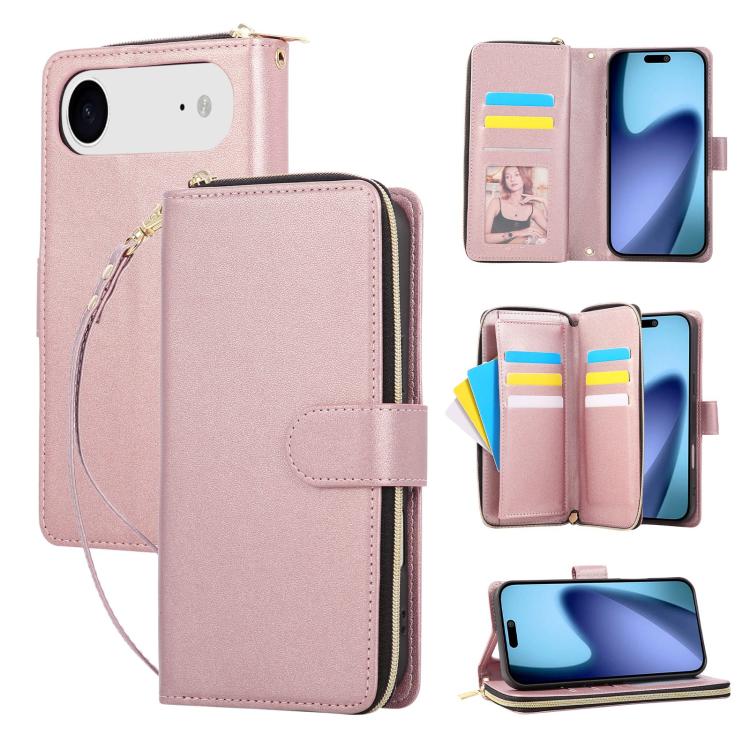 Nine-card Slots Zipper Wallet Bag Leather Phone Case, For iPhone Air, For iPhone 16e, For iPhone 16 Pro Max