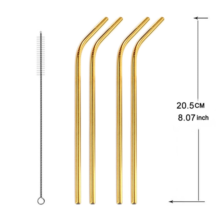 5pcs Reusable Stainless Steel Bent Drinking Straw + Cleaner Brush Set Kit,  215*8mm