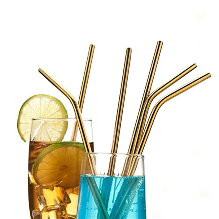 5pcs Reusable Stainless Steel Bent Drinking Straw + Cleaner Brush Set Kit,  215*8mm