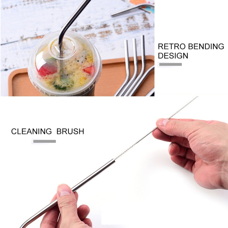 5pcs Reusable Stainless Steel Bent Drinking Straw + Cleaner Brush Set Kit,  215*8mm