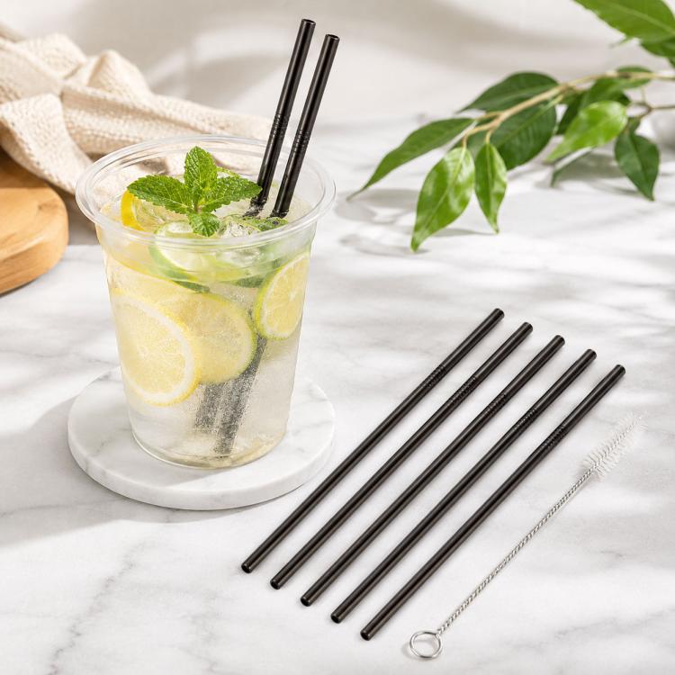 5pcs Reusable Stainless Steel Straight Drinking Straw + Cleaner Brush Set Kit, 215*8mm, 215*8mm (Straight)