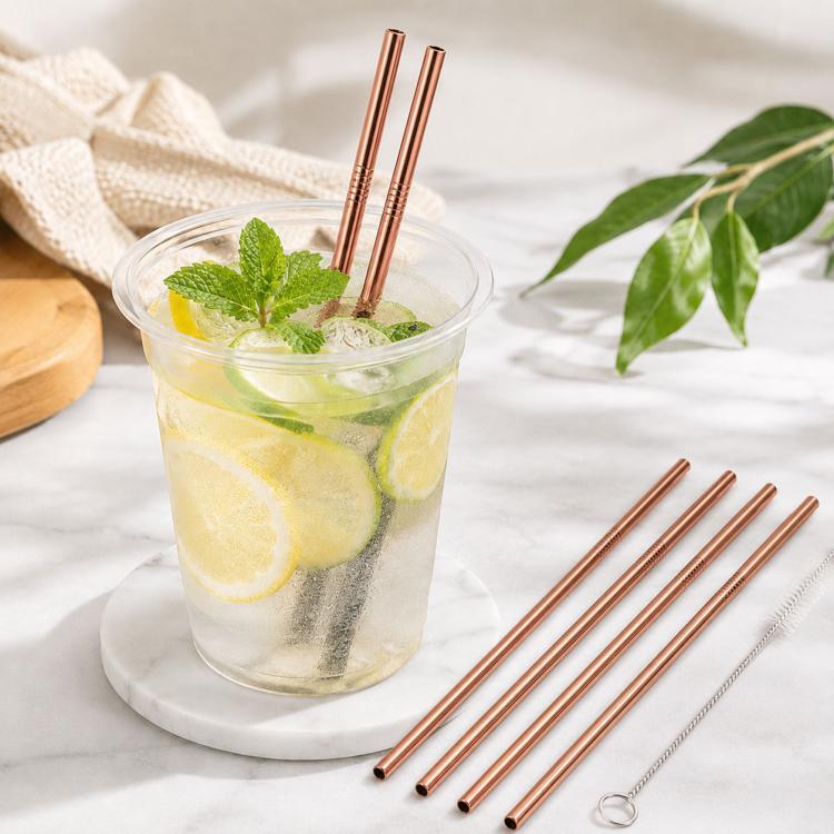 5pcs Reusable Stainless Steel Straight Drinking Straw + Cleaner Brush Set Kit, 215*8mm, 215*8mm (Straight)