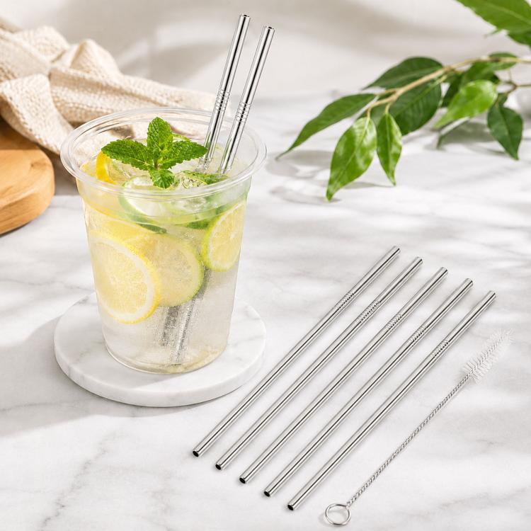5pcs Reusable Stainless Steel Straight Drinking Straw + Cleaner Brush Set Kit, 215*8mm, 215*8mm (Straight)