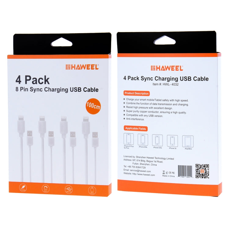 4 PCS HAWEEL 1m High Speed 8 pin to USB Sync and Charging Cable Kit for iPhone, iPad, 4pcs