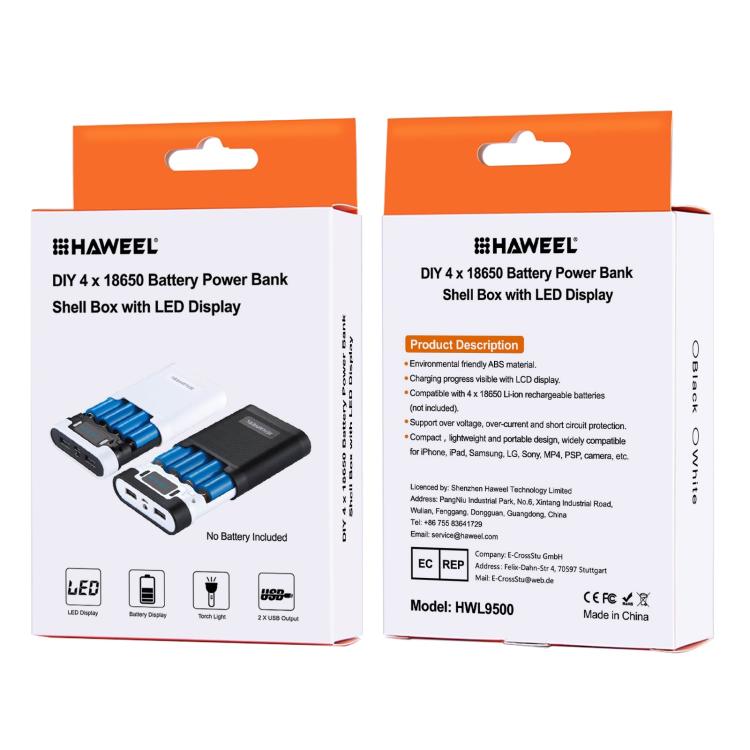 HAWEEL DIY 4 x 18650 Battery (Not Included) 10000mAh Power Bank Shell Box with 2 x USB Output & Display for iPhone, Galaxy, Sony, HTC, Google, Huawei, Xiaomi, Lenovo and other Smartphones