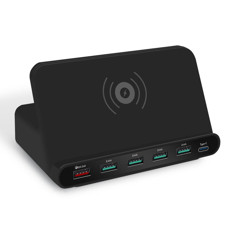 828W 7 in 1 60W QC 3.0 USB Interface + 4 USB Ports + USB-C / Type-C Interface + Wireless Charging Multi-function Charger with Mobile Phone Holder Function, UK Plug