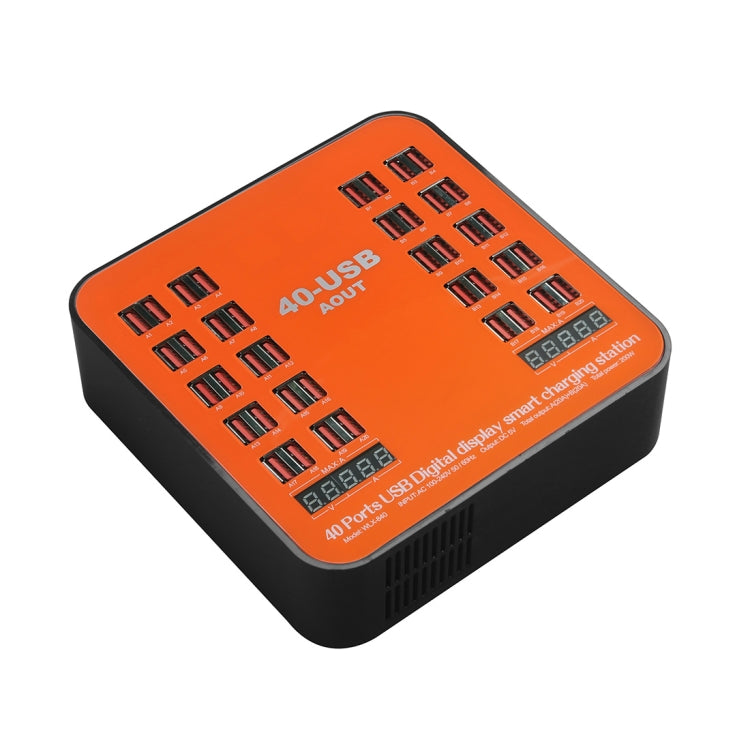 WLX-840 200W 40 Ports USB Digital Display Smart Charging Station AC100-240V, UK Plug (Black+Orange)