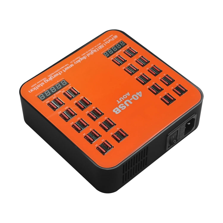 WLX-840 200W 40 Ports USB Digital Display Smart Charging Station AC100-240V, UK Plug (Black+Orange)