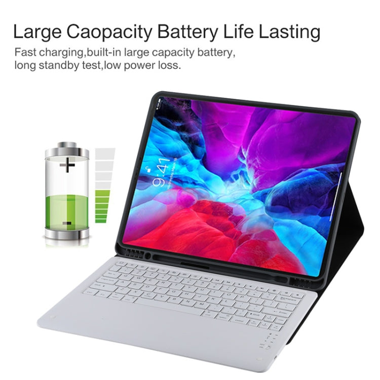 T129 Detachable Bluetooth White Keyboard Microfiber Leather Tablet Case for iPad Pro 12.9 inch (2020), with Holder, White Keyboard