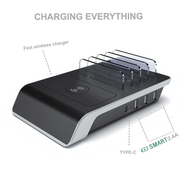 UD09 4 USB Ports Qi Standard Wireless Charger Phone Desktop Stand Holder, US Plug