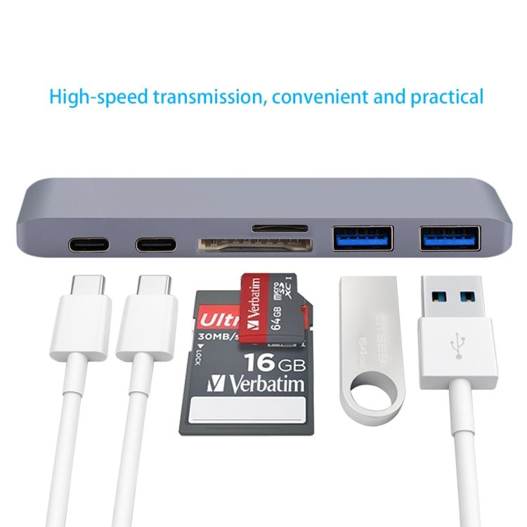 6 in 1 Multi-function Aluminium Alloy 5Gbps Transfer Rate Dual USB-C / Type-C HUB Adapter with 2 USB 3.0 Ports & 2 USB-C / Type-C Ports & SD Card Slot & TF Card Slot for Macbook 2015 / 2016 / 2017, 6 in 1 Silver, 6 in 1 Grey