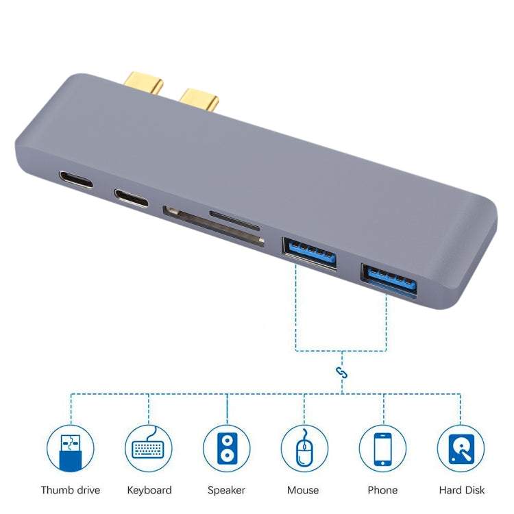 6 in 1 Multi-function Aluminium Alloy 5Gbps Transfer Rate Dual USB-C / Type-C HUB Adapter with 2 USB 3.0 Ports & 2 USB-C / Type-C Ports & SD Card Slot & TF Card Slot for Macbook 2015 / 2016 / 2017, 6 in 1 Silver, 6 in 1 Grey