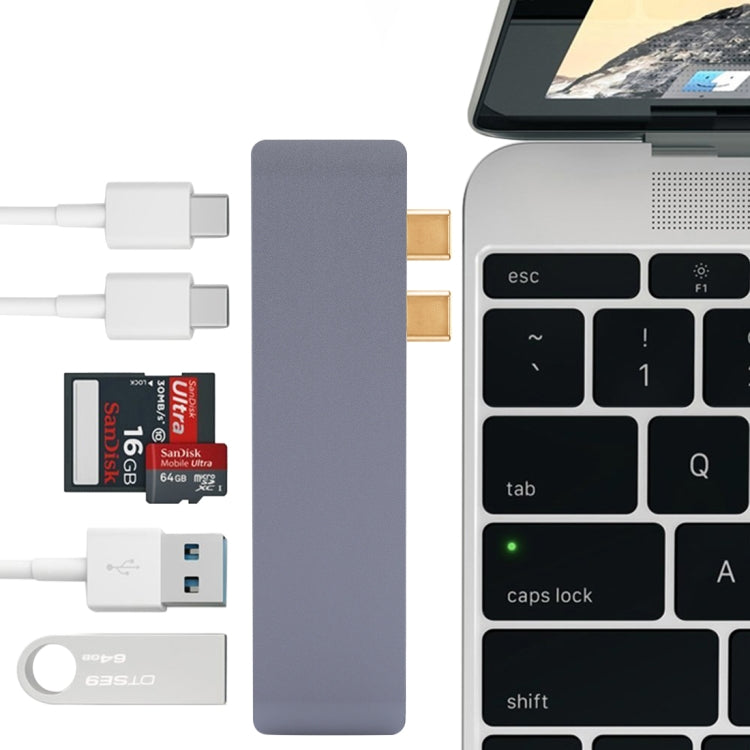 6 in 1 Multi-function Aluminium Alloy 5Gbps Transfer Rate Dual USB-C / Type-C HUB Adapter with 2 USB 3.0 Ports & 2 USB-C / Type-C Ports & SD Card Slot & TF Card Slot for Macbook 2015 / 2016 / 2017, 6 in 1 Silver, 6 in 1 Grey