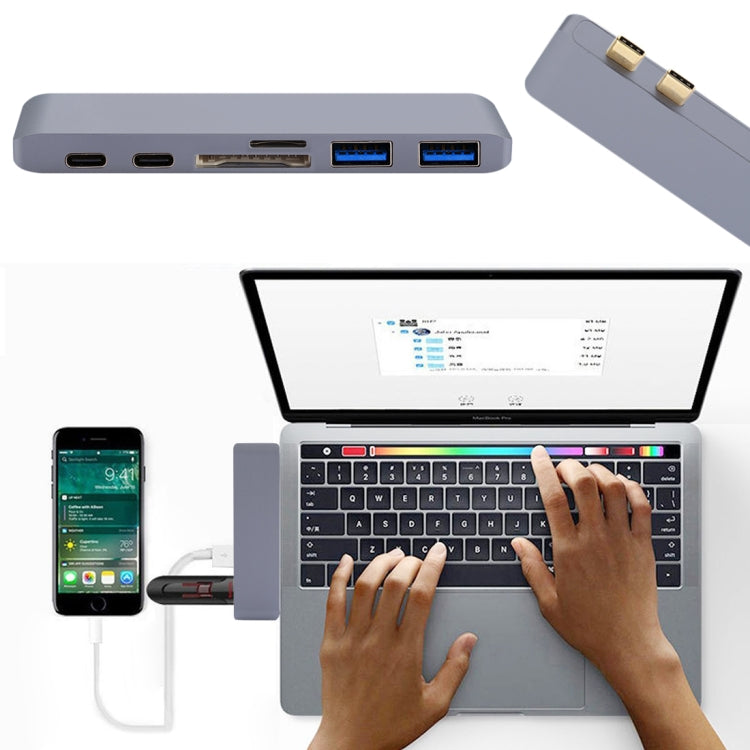 6 in 1 Multi-function Aluminium Alloy 5Gbps Transfer Rate Dual USB-C / Type-C HUB Adapter with 2 USB 3.0 Ports & 2 USB-C / Type-C Ports & SD Card Slot & TF Card Slot for Macbook 2015 / 2016 / 2017, 6 in 1 Silver, 6 in 1 Grey