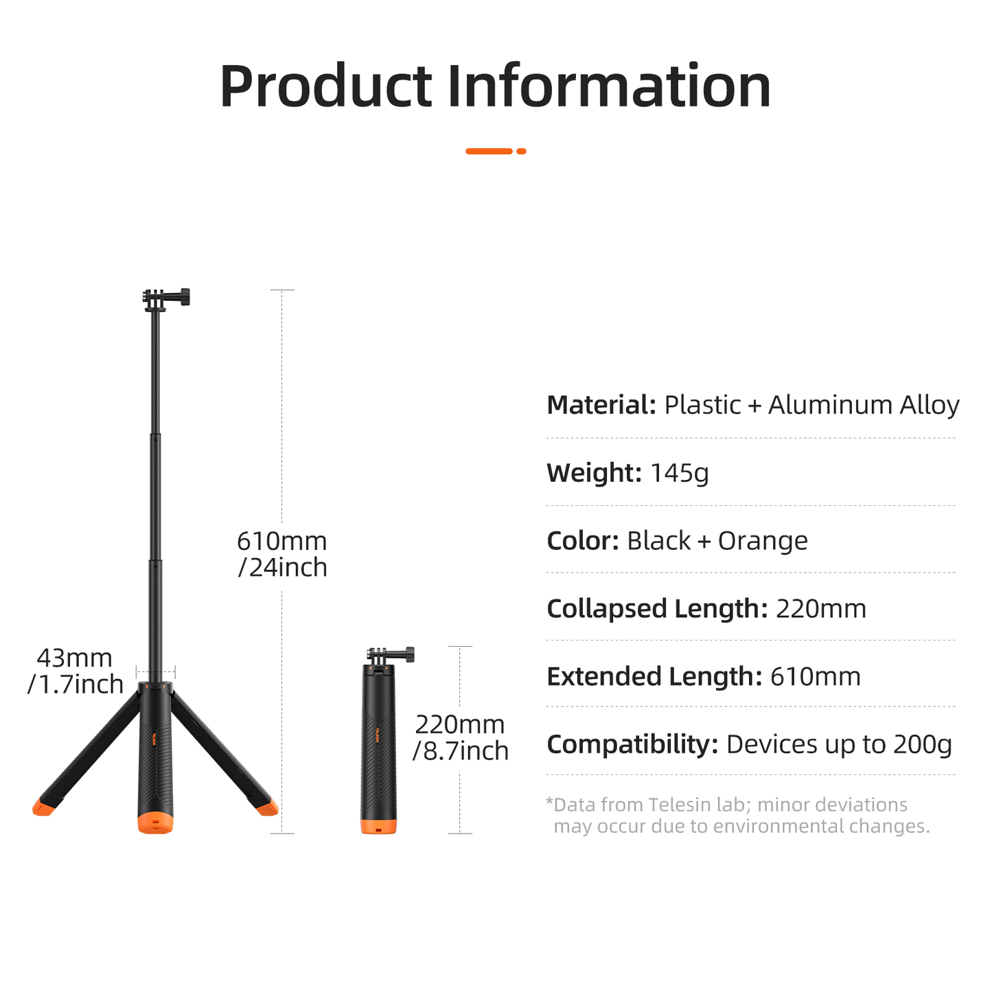 TELESIN Floating Tripod Selfie Stick