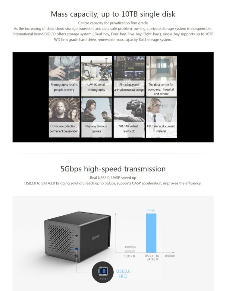 ORICO NS500-RU3 5-bay USB 3.0 Type-B to SATA External Hard Disk Box Storage Case Hard Drive Dock with Raid for 3.5 inch SATA HDD, Support UASP Protocol, USB 3.0 Type-B to SATA with Raid