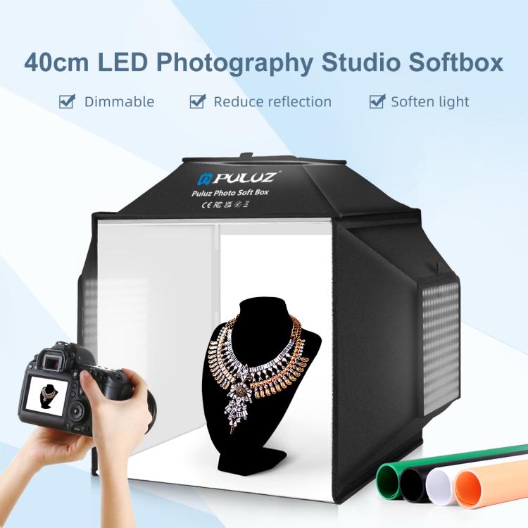PULUZ 40cm Folding 72W 5500K Studio Shooting Tent Soft Box Photography Lighting Kit with 4 Colors (Black, Orange, White, Green) Backdrops