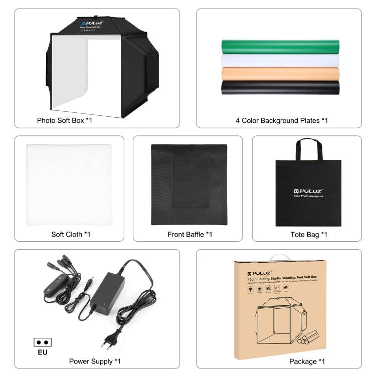 PULUZ 40cm Folding 72W 5500K Studio Shooting Tent Soft Box Photography Lighting Kit with 4 Colors (Black, Orange, White, Green) Backdrops