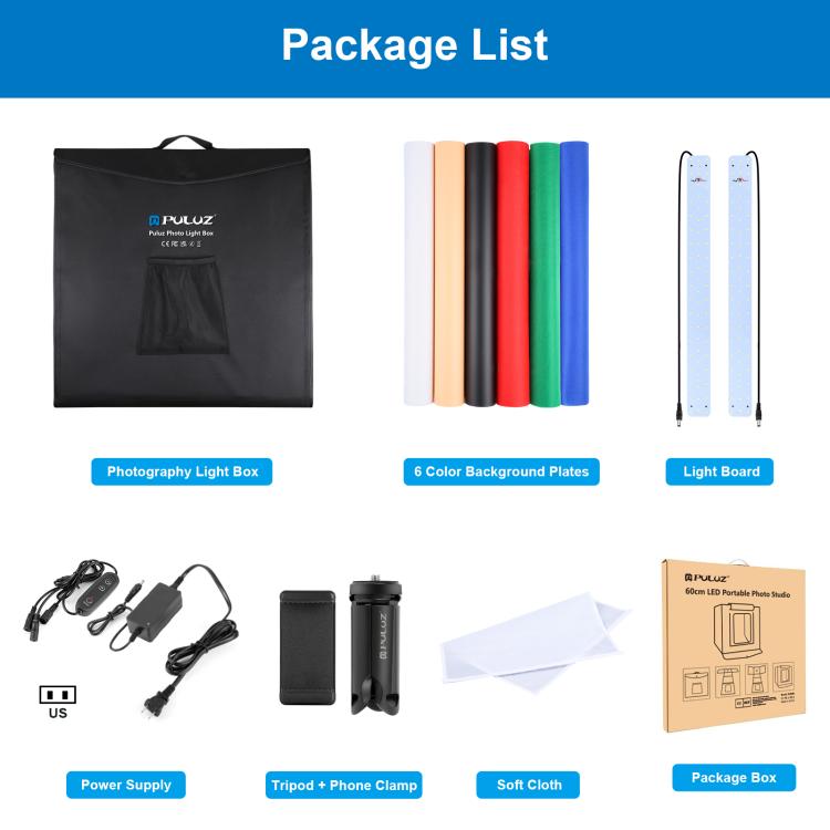 PULUZ Photo Studio Light Box Portable 60 x 60 x 60 cm Light Tent LED 5500K White Light Dimmable Mini 36W Photography Studio Tent Kit with 6 Removable Backdrops (Black Orange White Green Blue Red)