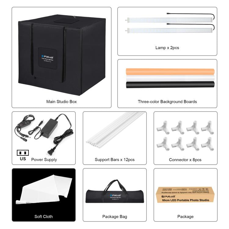 PULUZ 80cm Folding Portable 72W White Light Photo Lighting Studio Shooting Tent Box Kit with 3 Colors Black / White / Orange Backdrops