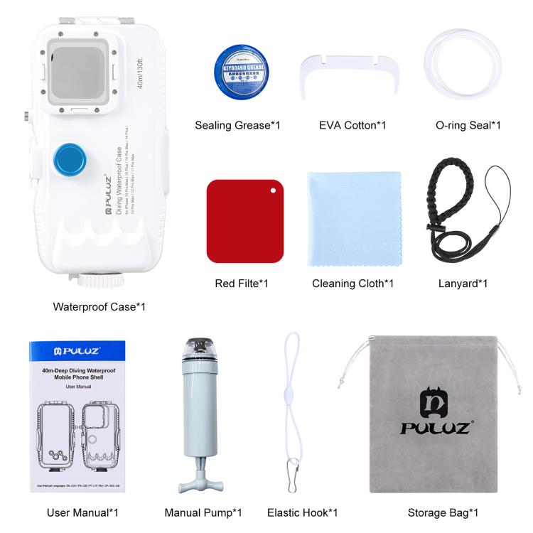 PULUZ 40m/130ft Waterproof Diving Case for 15 Pro Max / 15 Plus / iPhone 14 Plus / 14 Pro Max / 13 Pro Max / 12 Pro Max / 11 Pro Max, with One-way Valve Photo Video Taking Underwater Housing Cover