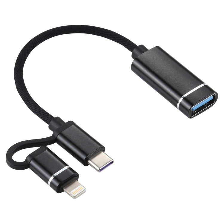 USB 3.0 Female to 8 Pin + USB-C / Type-C Male Charging + Transmission OTG Nylon Braided Adapter Cable, Cable Length: 11cm, 8 Pin Black, 8 Pin Silver + White, 8 Pin Red, 8 Pin Blue
