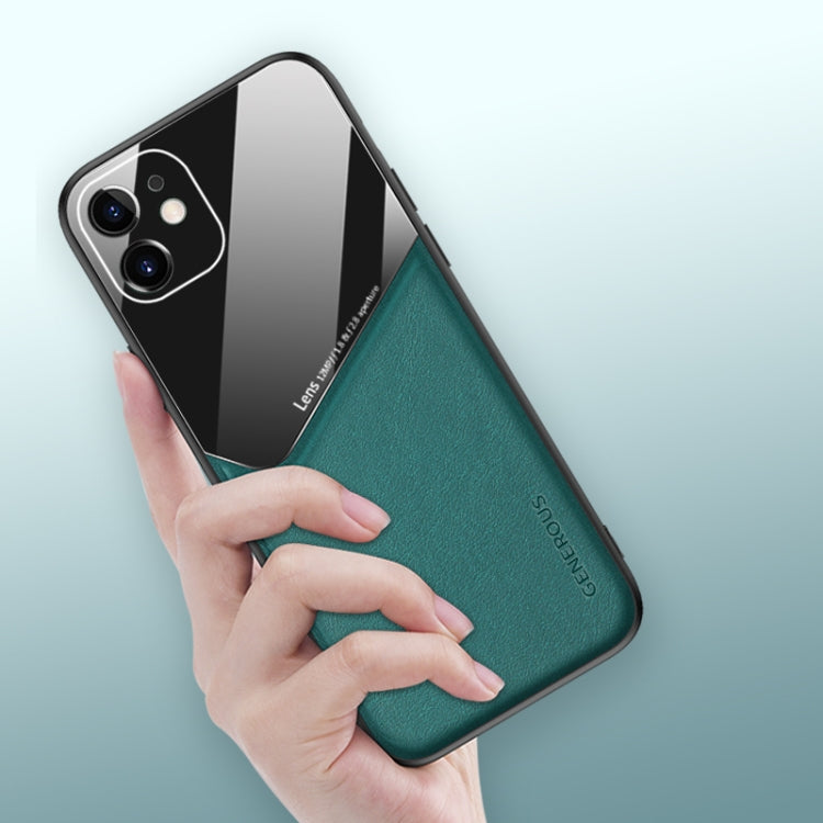 All-inclusive Leather + Organic Glass Phone Case with Metal Iron Sheet, For iPhone 11