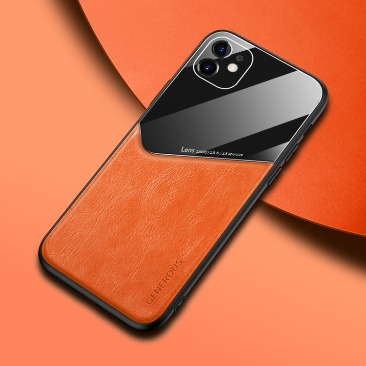 All-inclusive Leather + Organic Glass Phone Case with Metal Iron Sheet, For iPhone 11