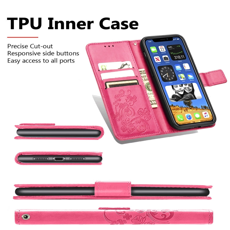Four-leaf Clasp Embossed Buckle Mobile Phone Protection Leather Case with Lanyard & Card Slot & Wallet & Bracket Function, For iPhone 12 Pro Max, For iPhone 12 / 12 Pro, For iPhone 12 mini