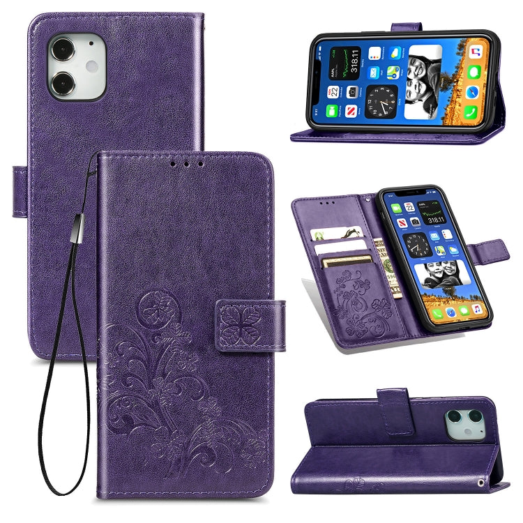 Four-leaf Clasp Embossed Buckle Mobile Phone Protection Leather Case with Lanyard & Card Slot & Wallet & Bracket Function, For iPhone 12 Pro Max, For iPhone 12 / 12 Pro, For iPhone 12 mini