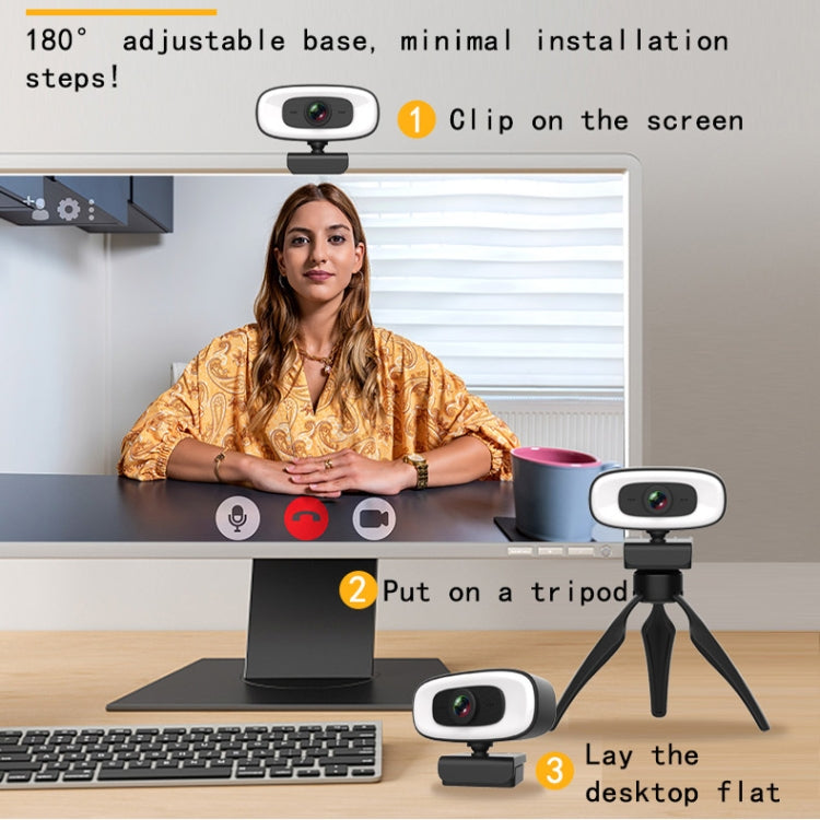 C10 2K HD Without Distortion 360 Degrees Rotate Three-speed Fill Light USB Free Drive Webcams, Built-in Sound Clearer Microphone