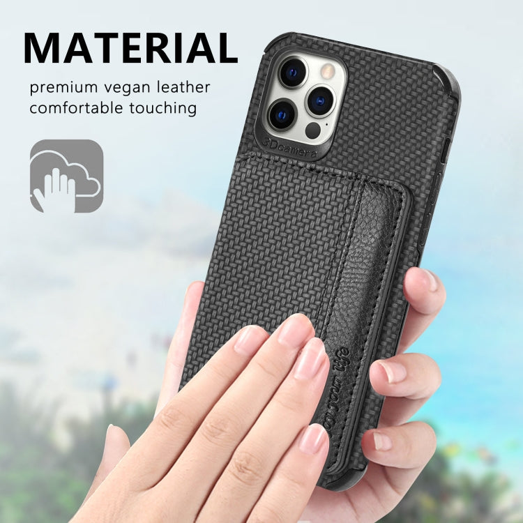 Carbon Fiber Magnetic Card Bag TPU+PU Shockproof Back Cover Case with Holder & Card Slot & Photo Frame, For iPhone 11 Pro, For  iPhone 11 Pro Max