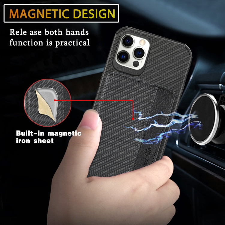 Carbon Fiber Magnetic Card Bag TPU+PU Shockproof Back Cover Case with Holder & Card Slot & Photo Frame, For iPhone 11 Pro, For  iPhone 11 Pro Max