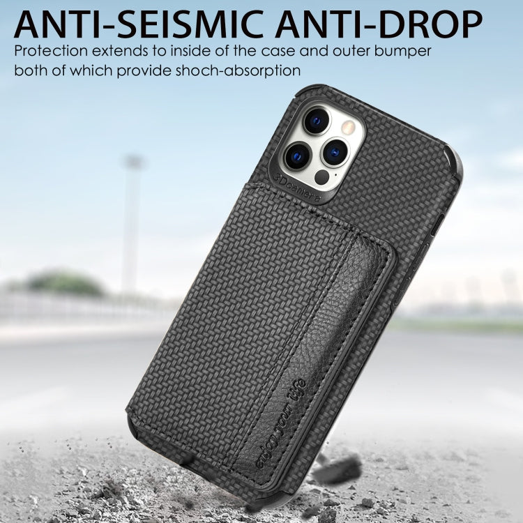 Carbon Fiber Magnetic Card Bag TPU+PU Shockproof Back Cover Case with Holder & Card Slot & Photo Frame, For iPhone 11 Pro, For  iPhone 11 Pro Max