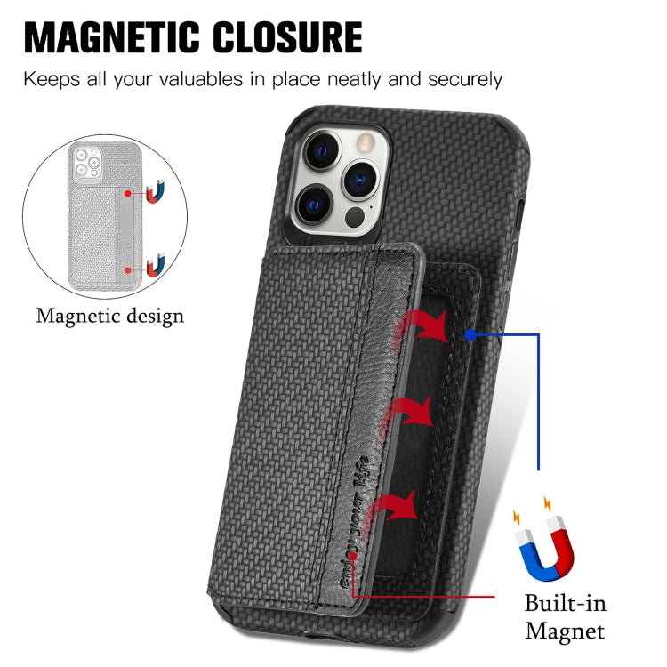 Carbon Fiber Magnetic Card Bag TPU+PU Shockproof Back Cover Case with Holder & Card Slot & Photo Frame, For iPhone 11 Pro, For  iPhone 11 Pro Max