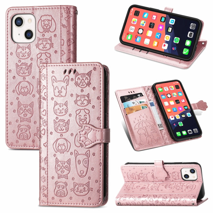Cute Cat and Dog Embossed Horizontal Flip Leather Case with Holder & Card Slots & Wallet & Lanyard, For iPhone 13 mini