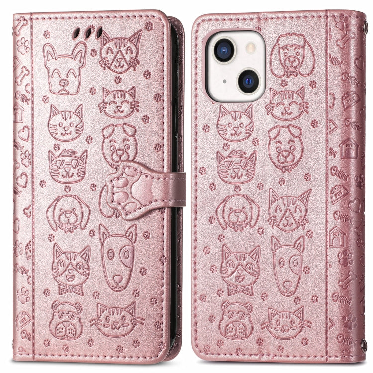 Cute Cat and Dog Embossed Horizontal Flip Leather Case with Holder & Card Slots & Wallet & Lanyard, For iPhone 13 mini